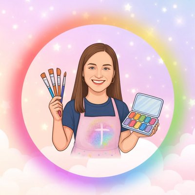 Cartoon portrait logo of Ashley Hattey with paint brushes and palette